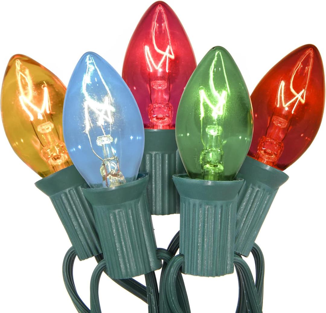 SUNSGNE 25Ft Multicolor Christmas Lights, C7 Incandescent Christmas Light with 27 Clear Vintage Outdoor Colorful Lights (2 Spare) for Holiday Prom Party Wedding Decor, Green Wire