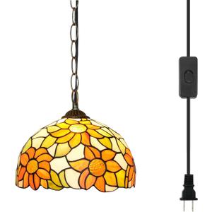 Tiffany Pendant Light Fixtures 12inch Yellow Sunflower Stained Glass Pendant Lighting Vintage Style Hanging Lamp for Home Decor Kitchen Island Dining Room Hallway Bar