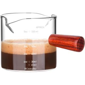 BCnmviku Double Spouts 150ML /5OZ Measuring Triple Pitcher Milk Cup with Wood Handle Espresso Shot Glasses Parts Clear Glass (1)
