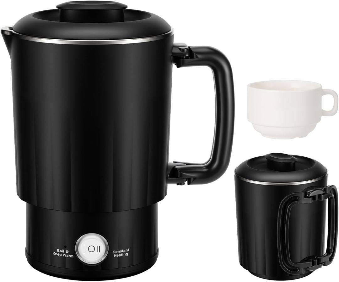 Portable Travel Electric Kettle, 600ML Small Water Kettle with Ceramic Cup, 304 Stainless Steel Water Boiler with Dual Power Control, Compact Design for Camping, RV, Business Trip & Hotel Stays, Black