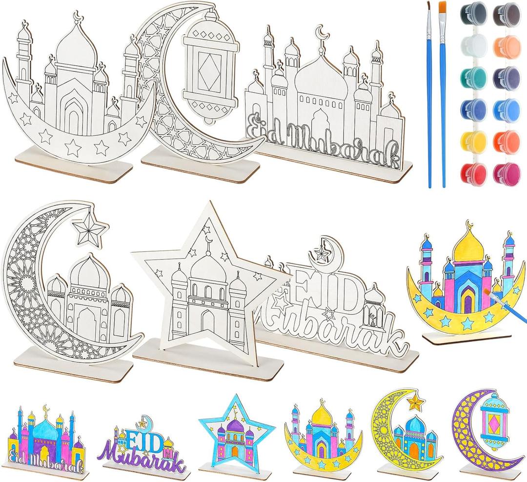 Colingmill 24 Sets Eid Mubarak Crafts Color Your Own Wooden Ramadan Table Decorations DIY Moon Star Lamp Wood Tabletop Decor Ramadan Wood Plaque Crafts for Eid Mubarak Party Supplies