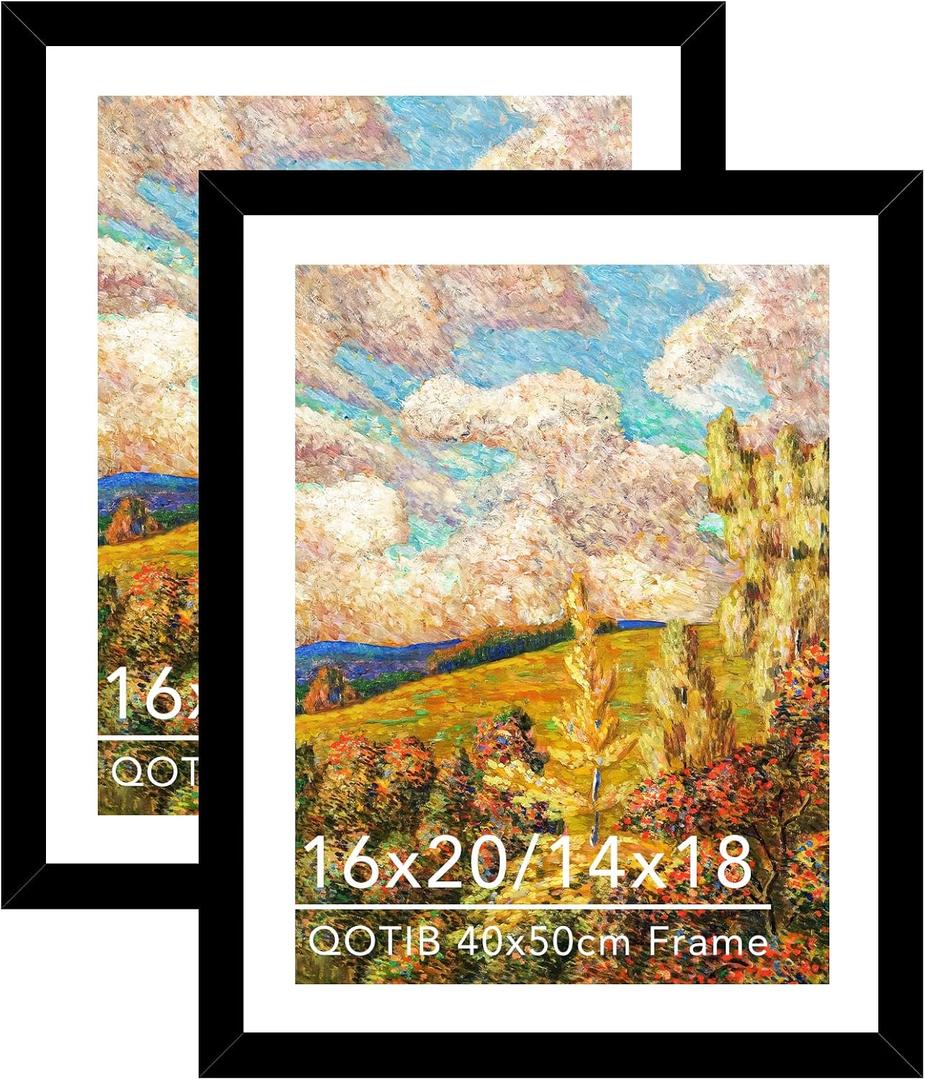 Wood 16x20 Frame Set of 2 with 14x18 Mat, for 40 x 50cm Diamond Art Painting, Display Picture 14 x 18 with Mat or 16 x 20 without Mat, Large 40x50 Picture Frame for Wall Hanging, Black, 2 Packs