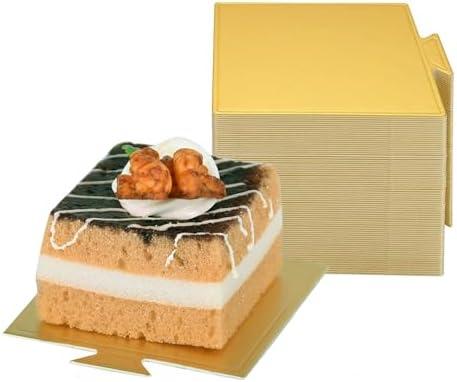 YYaaloa 3.3 Inch Mini Square Golden Cake Boards 50pcs Mousse Cupcake Base Paper Plates Dessert Board Base for Cake DIY, Baking Dessert Party Wedding Birthday (Square, 50pcs)