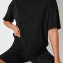 WDIRARA Women's Petite 2 Piece Outfits Ribbed Half Sleeve Tee Top and Biker Shorts Set (Black, S)