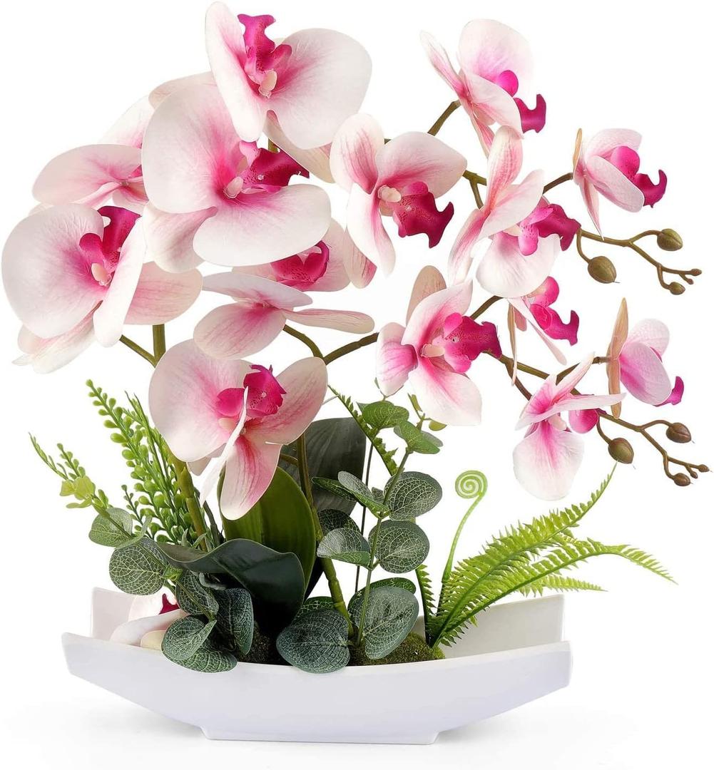 YOBANSA Decorative Real Touch Silk Orchid Bonsai, Artificial Flowers with Flower Pots Fake Flowers Arrangements for Home Decoration (New Pink 2)