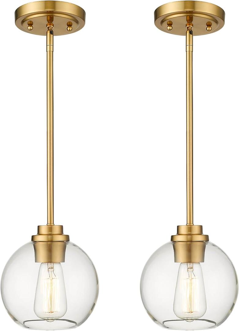 Brass Pendant Lights Kitchen Island 2 Pack, Farmhouse Gold Pendant Light with Clear Glass Globe Shade, Kitchen Island Lighting for Dining Room Entryway, AD-22280-1P2-GD-C