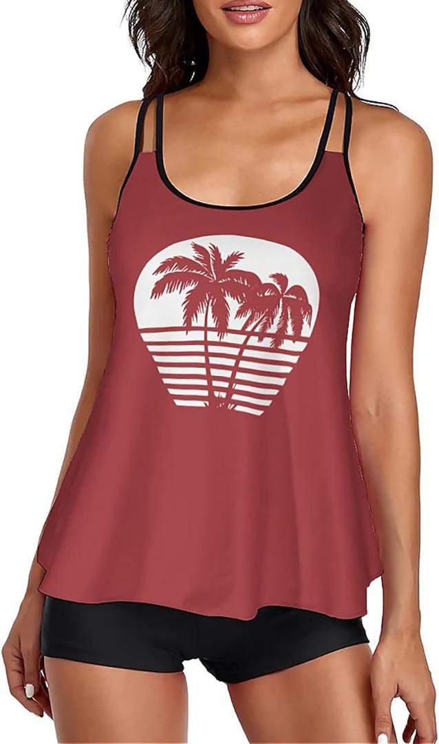 Urchics Womens 2025 Tankini Swimsuits Tummy Control Flowy Swimwear Two Piece Bathing Suits Swim Tank Top with Boyshorts (Medium, Brick Red Tree)