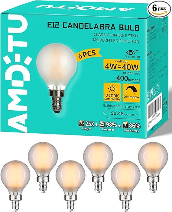 AMDTU 40W E12 Frosted Globe LED Bulbs, 2700K Warm White Dimmable Candelabra Base, Eye-Comfort Technology, Flicker-Free Decorative Lighting for Chandeliers, Dining Room, Vanity, and Bathroom Fixtures