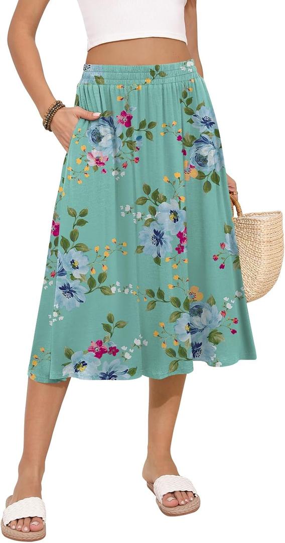 MLXSJ Women's Midi Skirt Summer Flowy Elastic High Waisted Casual Pleated Skirts with Pockets, 3XL