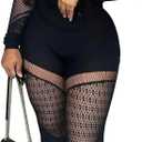 Women Sexy See Through Womens Jumpsuit Outfits Mesh Hollow Out Crop Top Bodycon Long Sleeve Rompers (Black) L/XL