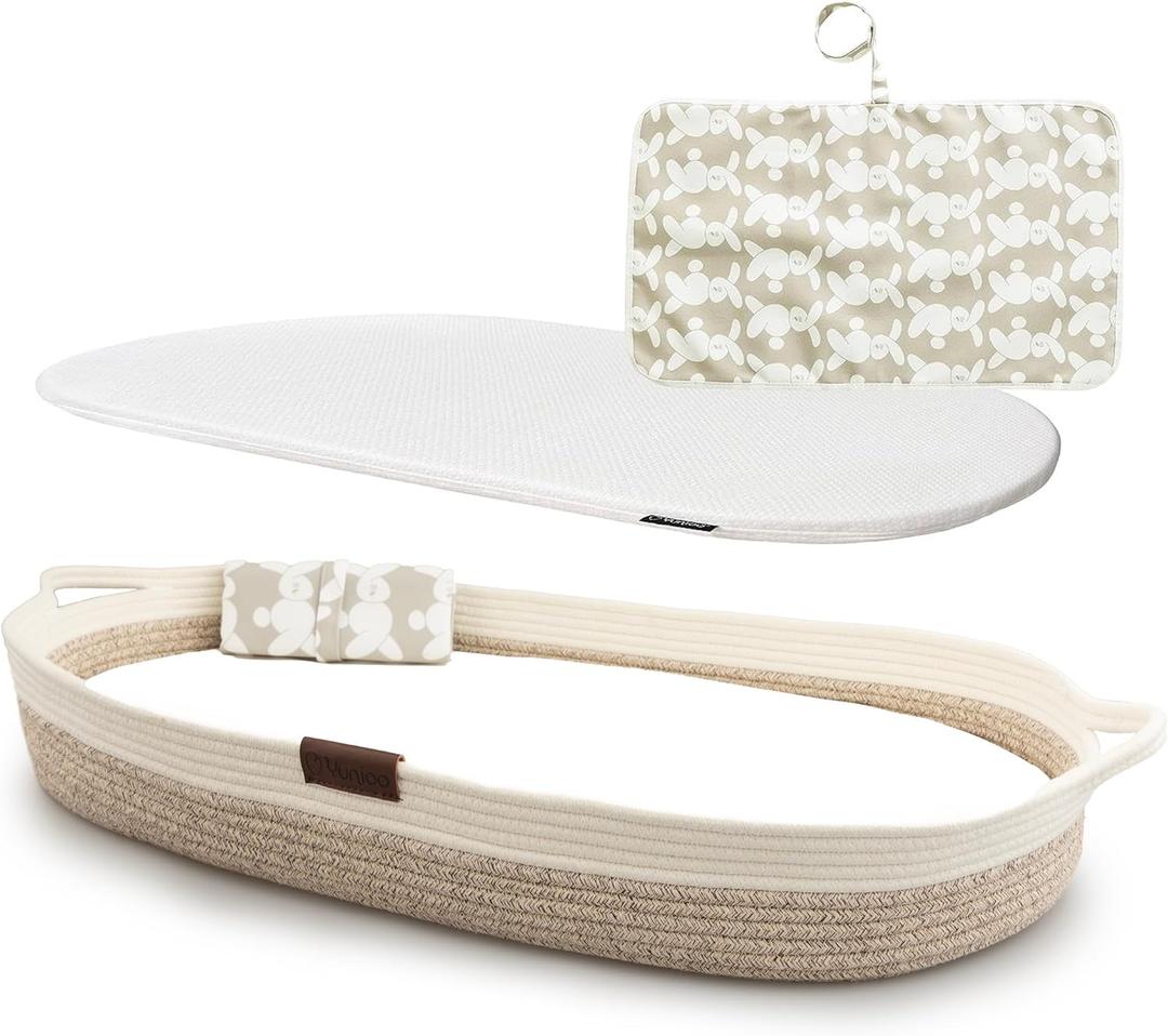 XL Reinforced Baby Changing Basket with Extra Travel Diaper pad, Foldable Baby Changing Pad with Water Repellent Cover, Cotton Rope Baby Basket, Changing Table Topper for Dresser (White Beige)