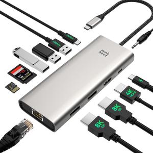 USB C Docking Station Dual Monitor Adapter for Dell HP, Laptop Docking Station 3 Monitors Quad Display USB C Hub Dongle to 4K HDMI+DP,2 USB2.0,100W PD,2.5G Ethernet,12 in 1Dock for Lenovo,Surface