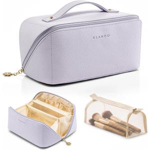 VLANDO Makeup Bag,Travel Toiletry Bag,Cosmetic Bag for Women PU Leather Portable Make up Bag for Skincare, Brushes & Travel Essentials-Purple
