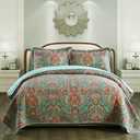 NEWLAKE Cotton Bedspread Quilt Sets-Reversible Patchwork Coverlet Set, European Gorgeous Floral Pattern, Queen Size