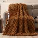Eastsora Heated Blanket Throw 50" x 60" Soft Ribbed Faux Fur Flannel Fast Heating 12 Heat Levels 112H Timer & Overheat Protection & Auto Shut-Off & ETL FCC & Machine Washable Heated Throw (Camel)