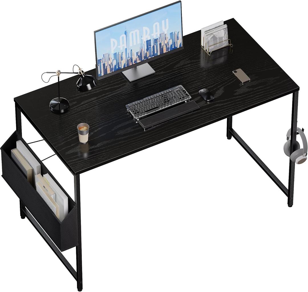 Pamray 47 Inch Computer Desk for Small Spaces with Storage Bag, Home Office Work Desk with Headphone Hook, Small Office Desk Study Writing Table (Black)