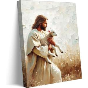 Jesus And Lamb Canvas Wall Art Christian Bible Story Jesus Leaves The 99 Sheep Wall Decor Pictures Jesus Finds The Lost Lamb Poster Print For Living Room Bedroom Church Decoration Prepare To Hang