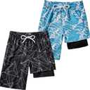 IRELIA 2 Pack Boys 2 in 1 Swim Trunks Boxer Brief Liner Compression Swimming Shorts Quick Dry Swimwear, Size 14-16