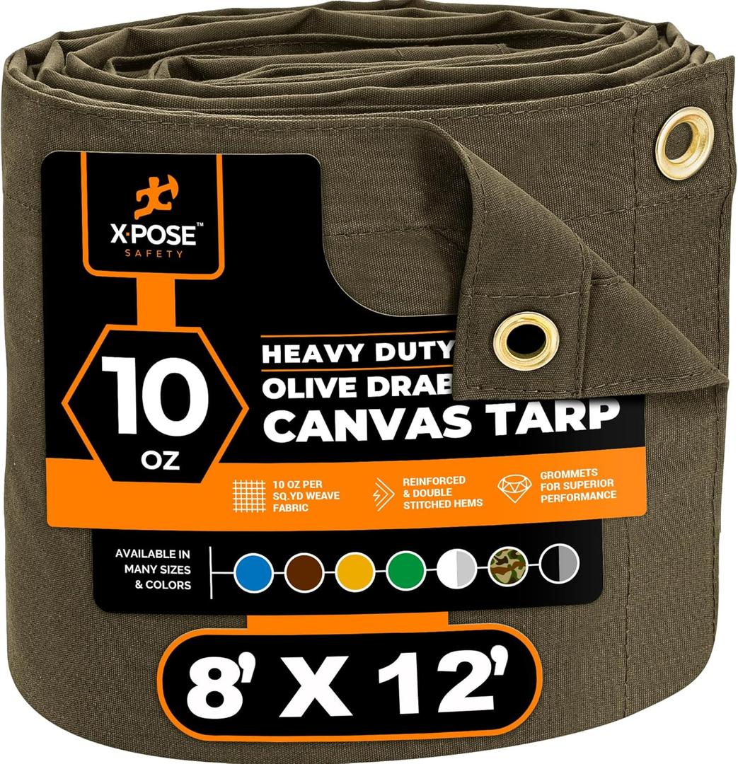 Xpose Safety Canvas Tarp - 10oz Olive Drab Canvas Tarps Heavy Duty Water Resistant with Brass Grommets- Multipurpose Outdoor Tarpaulin for Camping, Canopy, Trailer, Equipment Cover 8' x 12'