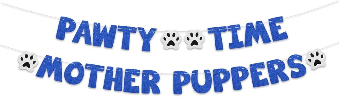 BEISHIDA Glitter Blue Pawty Time Mother Puppers Banner - NO DIY - The Pet Birthday Banner - Puppy Birthday DecorationsCute Cat/Dog Bday Party SuppliesPaw Party Bunting SignPuppy Dog Pennant Dcor