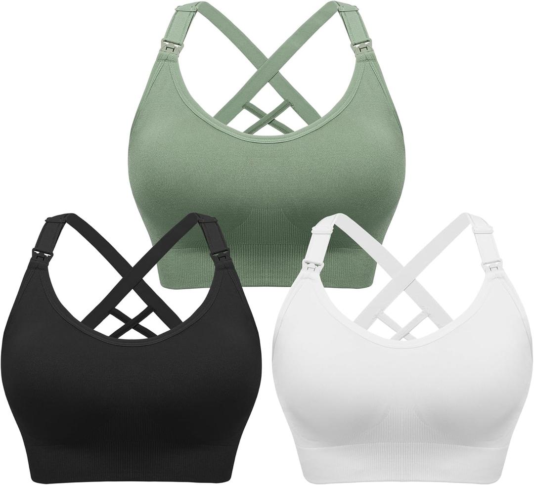 Angelhood Nursing Bras for Breastfeeding, Seamless Nursing Sports Bra Support Yoga Maternity Bras Pregnancy Sleep Bralette (XX-Large, Black/White/Green)