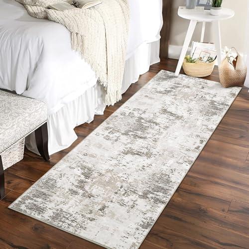 ROYHOME 2x6 Modern Abstract Runner Rug Non Slip Soft Stain Resistant Low Pile Machine Washable Non Shed Rug for Hallway Kitchen Bathroom, Taupe/Beige