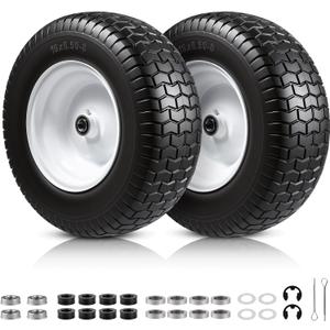 16x6.50-8 Flat Free Riding Lawn Mower Tire and Wheel, 16x6.5-8nhs Garden Tractor Lawnmower Tyre, with 3/4" Bushings & 5/8" Bearings, 3" Centered Hub, 2 Pack