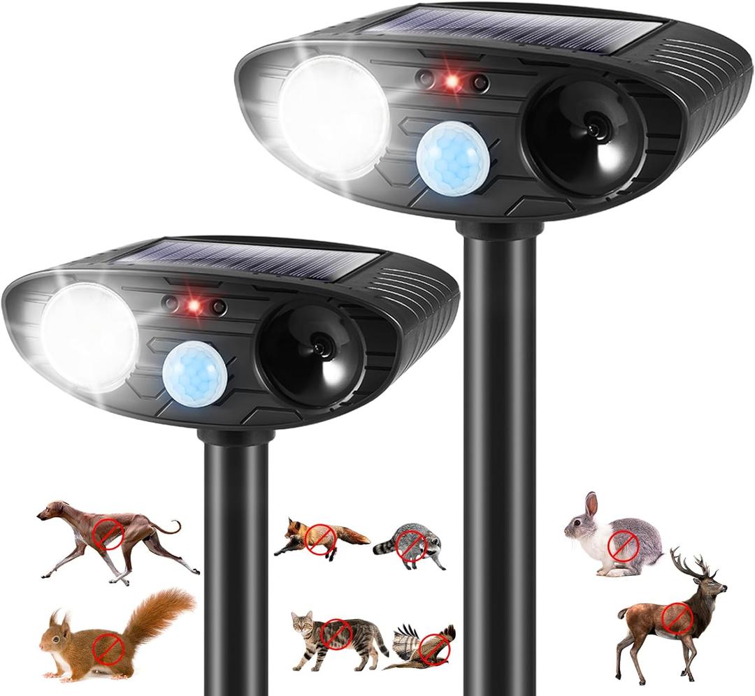 2Pack Solar Ultrasonic Animal Repellent Outdoor Cat Deterrent Solar Animal Repeller with Motion Sensor&LED Strobe Light Deer Repellent to Scare Squirrel Dog Bird Rabbit Skunk Repellent for Yard