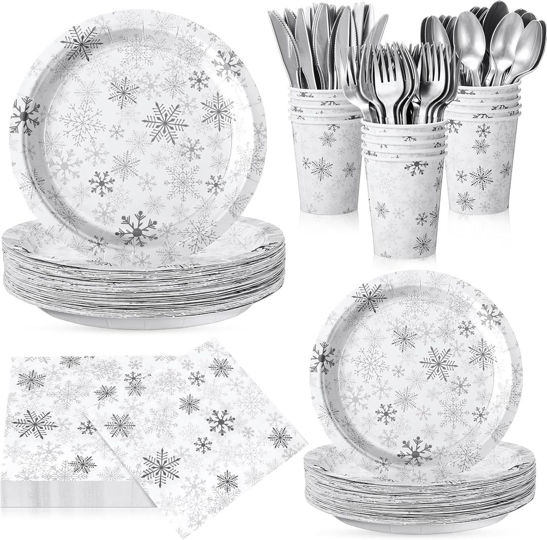 210 Pcs Winter Snowflake Paper Plates and Napkins Set Winter Wonderland Birthday Party Supplies Disposable Tableware Snowflake Plates Napkin Cup Knife Fork Spoon Party Decorations (Silver)