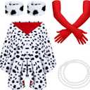 Tisancy 5 Pieces Halloween Dalmatian Shawl Set Women Faux Stole for Cosplay with 1920s Red Gloves Necklace Bracelet and Fake Stick Halloween Accessories for Adult