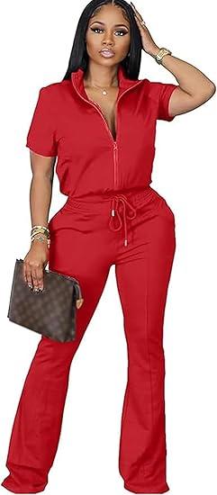 OCEANLUX Women's Lounge Tracksuit Set Two Piece Full Zip Up Short Sleeve Jacket & Drawstring pants Outfits, Red, S