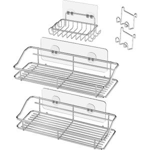 Nieifi Shower Caddy Shelf with Hooks Storage Rack Organizer Adhesive Stainless Steel without Drilling for Bathroom, Lavatory, Washroom, Restroom, Shower, Toilet, Kitchen (Sliver, 3 Pack)