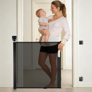 Retractable Baby Safety Gate, 33.8" Tall Extends to 55" Wide, Dual Lock, Adjustable Mounting, Extendable Pet Gate for Hallways, Stairs, Indoor & OutdoorBlack