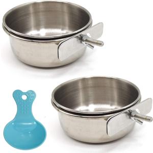 2PCS Bird Feeding Dish Cups with Spoon, Parrot Food Bowl Clamp Holder - Stainless Steel Coop Cup, Bird Cage Water Bowl for Parakeet African Greys Conure Cockatiels Lovebird Budgie Chinchilla