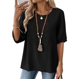 Kistore Women's Short Sleeve Embroidered Tops Crew Neck Summer Trendy Casual Black Blouses Pullover Tee Shirts Black, M