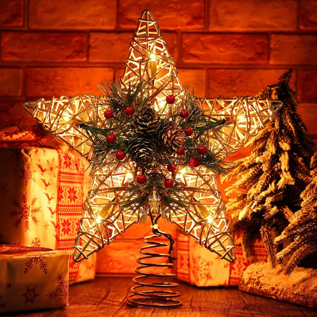 BrizLabs Christmas Tree Topper, 11 Rattan Star Treetop with 10 Warm Lights, 120V UL Certified Christmas Tree-top Star, Vine Christmas Tree Star Topper for Christmas Indoor Party Home Decor