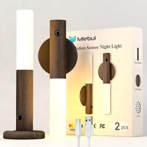 Miebul Motion Sensor Light Indoor, Magnetic LED Wall Lights Rechargeable Motion Sensor Night Light Wooden Wall Sconce for Bedroom Corridor Staircase (Walnut Wood 2PCS)