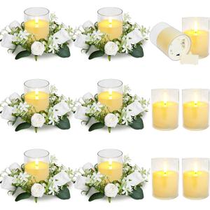 12 PCS Artificial Roses Rings - 3 Inch Roses Flower Wreaths with LED Candles Eucalyptus Pillar Holder Wreath for Wedding Table Centerpiece Home Decorations, White, 6 Sets