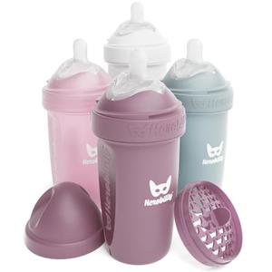 Herobility Anti-Colic Baby Bottles 8.5 fl oz/240ml - Pack of 4 Plastic Baby Bottles, Slow Flow Plastic Bottles, Breast-Shaped Teat for Breastfed Babies Multicolor White, Gray, Pink, Hawthorn Rose