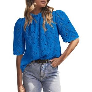 PRETTYGARDEN Summer Tops for Women 2026 Short Sleeve Embroidered Eyelet Shirts Dressy Casual Blouses Spring Fashion Clothes (XX-Large, Brilliant Blue)