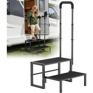 2-Step RV Steps with Handrail, Heavy Duty Anti-Slip Folding Stairs
