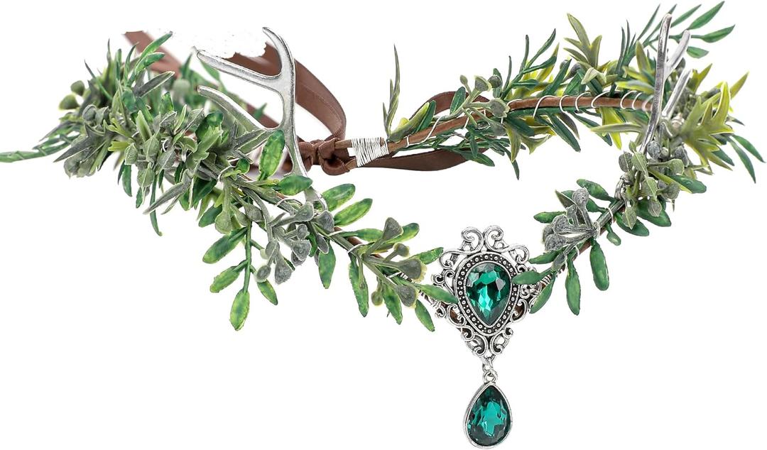 MOSTORY Flower Fairy Crown for Women - Woodland Antler Elf Crown for Renaissance Renfaire Accessories Cosplay Photo Shoot (Green)