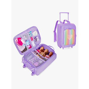 Travel Rolling Suitcase Compatible with Barbie Dolls 12-Inch Holds up to 6 Dolls, Storage Luggage Backpack with Wheels and Handle, Multiple Pockets for Doll’s Clothes, Accessories, Purple, Bag Only
