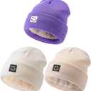 Hispeka Baby Beanie Hat 3 Packs with Cute Smiley Face, Toddler Girls Boys Baby Hats Winter, Kids Winter Hat Cold Weather Beige & White & Purple