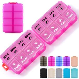 Foldable Weekly Pill Organizer 2 Times a Day with 2 Extra Compartments (Clear Printed Labels) - 7 Day AM PM Medicine Box, Week Daily Travel Pill Case Holder for Vitamin, Supplement - Clear Pink