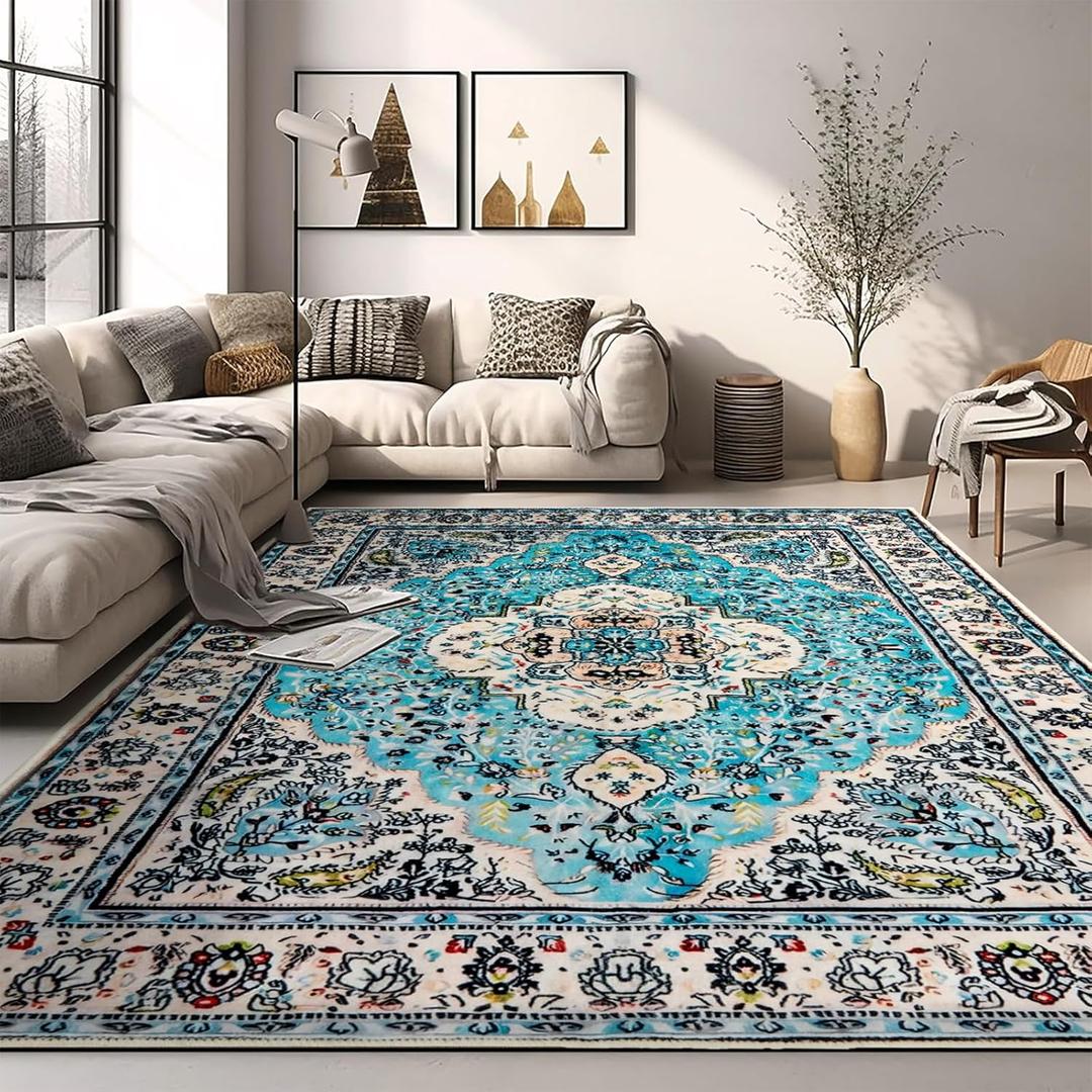 VFROO Area Rug 6x9 Washable Living Room Rug, Vintage Soft Boho Non-Slip/Non-Shedding Print Floor Carpet for Dining Room, Bedroom-Blue