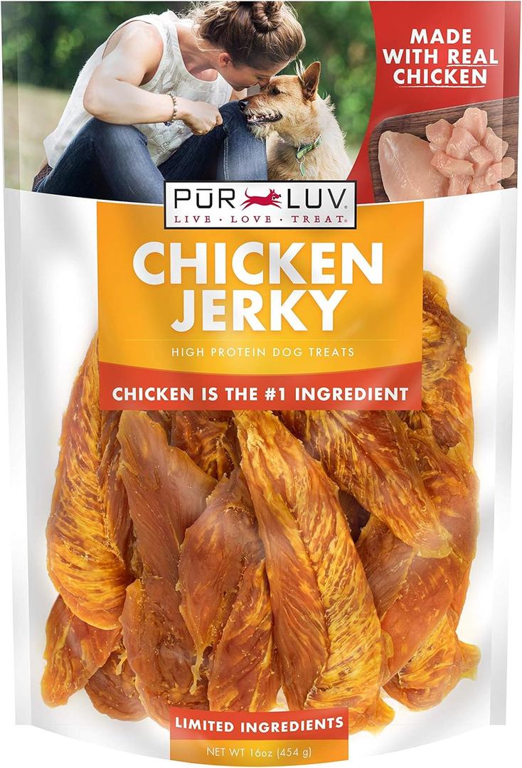 Pur Luv Chicken Jerky Dog Treats, Made with 100% Real Chicken Breast, 16 Ounces, Healthy, Easily Digestible, Long-Lasting, High Protein, Satisfies Dog's Urge to Chew (EXP 07/03/27)