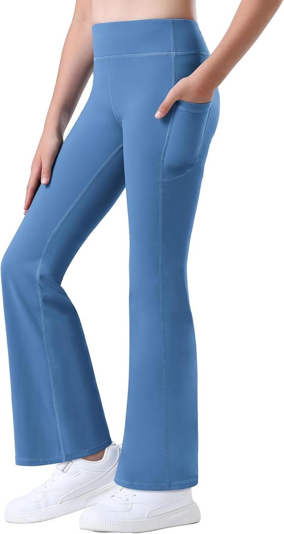 Stelle Girl's Flare Leggings with Pockets High Waisted Bootcut Yoga Pants Kids Dance Bell Bottoms Leggings (10-11 Years, Blue)