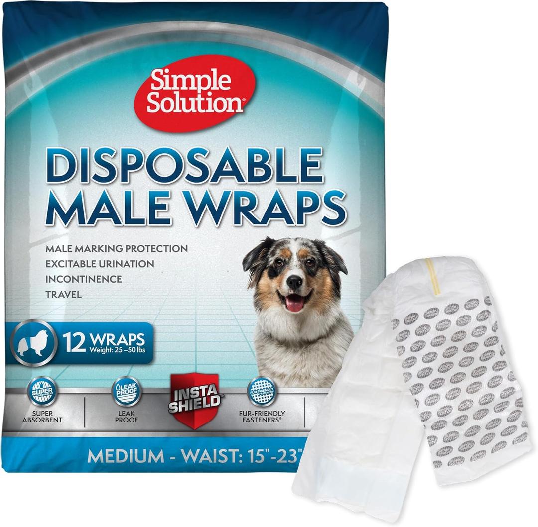 Simple Solution Disposable Dog Diapers Wraps for Male Dogs, True Fit, Absorbent, Leak Proof with Wetness Indicator, Puppy and Doggie Diaper for Peeing, For Medium Pets, 15  23 Inch Waist, 30 Count