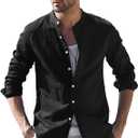 Men's Casual Cotton Shirt Long Sleeve Band Collar Henley Shirt Tops Black XL